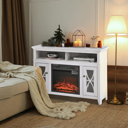 FastFurnishings Rustic White Electric Fireplace Mantel TV Stand w/ Adjustable Shelves 2 Storage Cabinets