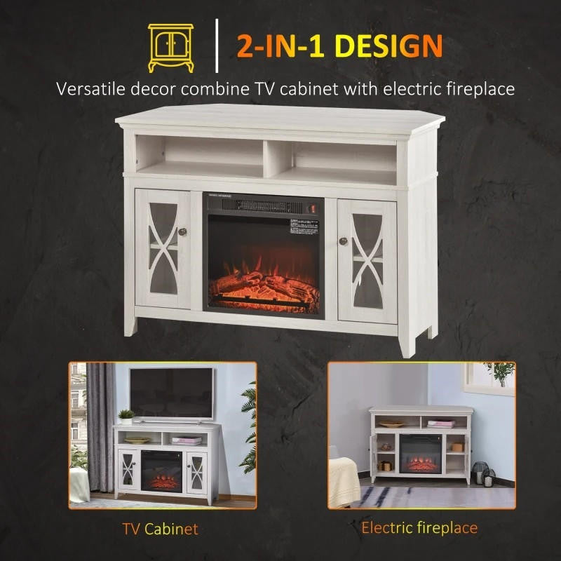 FastFurnishings Rustic White Electric Fireplace Mantel TV Stand w/ Adjustable Shelves 2 Storage Cabinets