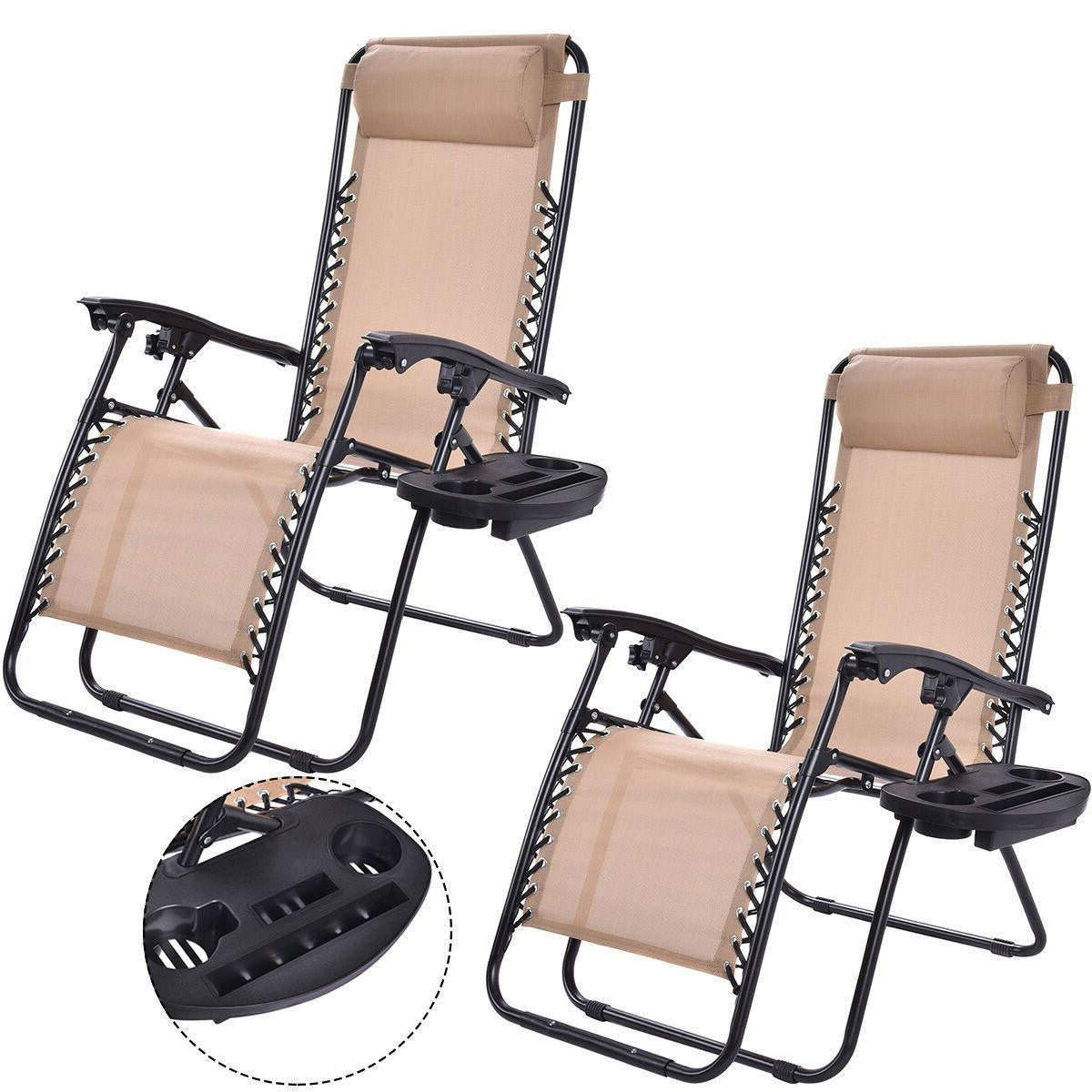 FastFurnishings Set of 2 Beige Folding Outdoor Zero Gravity Lounge Chair Recliner