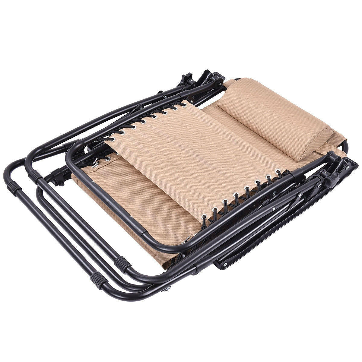 FastFurnishings Set of 2 Beige Folding Outdoor Zero Gravity Lounge Chair Recliner