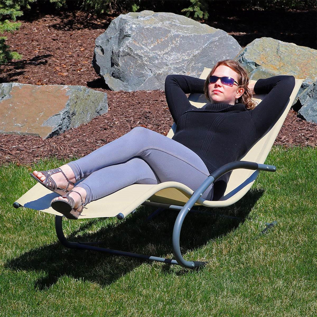 FastFurnishings Set of 2 Beige Rocking Chaise Lounger Patio Lounge Chair with Pillow