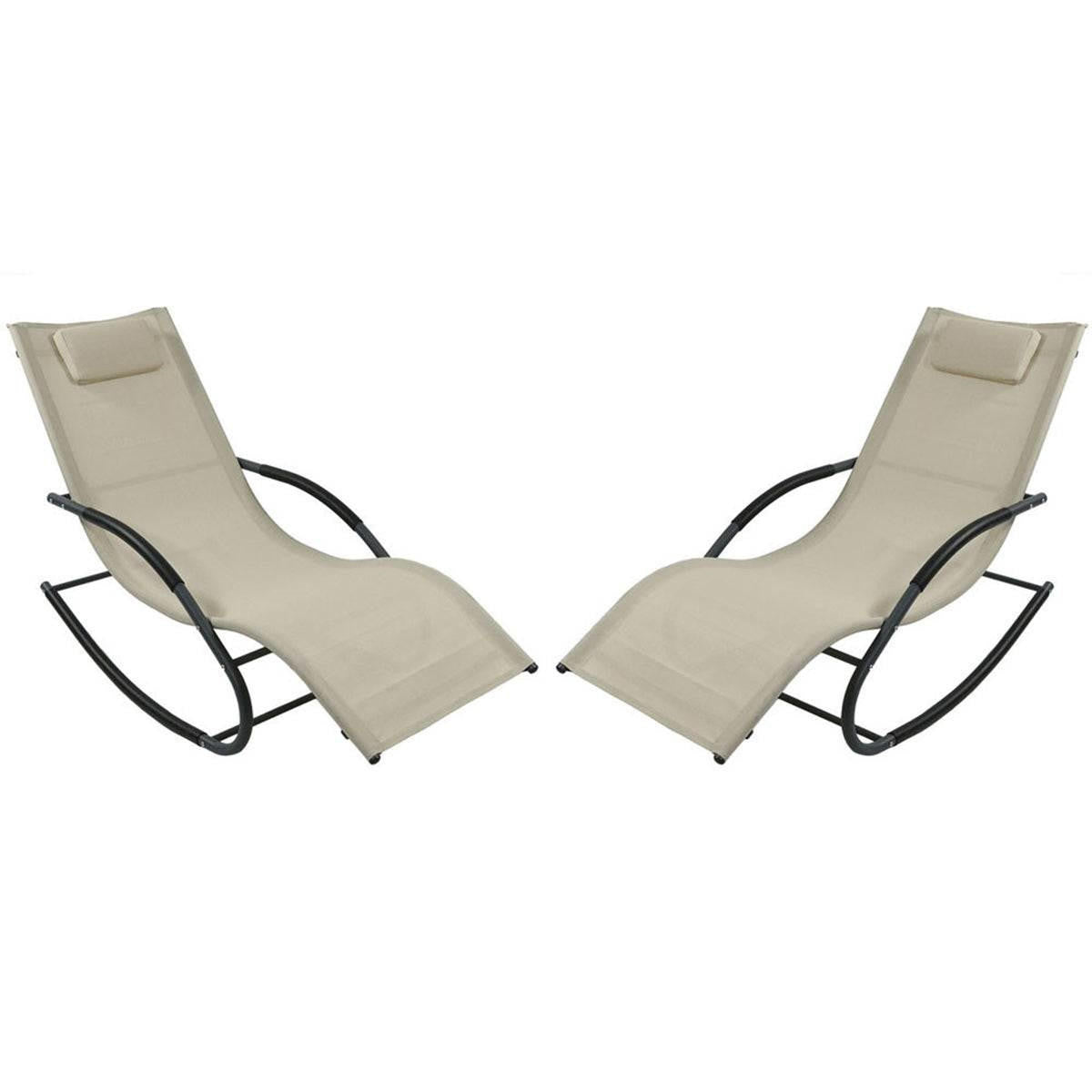 FastFurnishings Set of 2 Beige Rocking Chaise Lounger Patio Lounge Chair with Pillow
