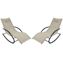 FastFurnishings Set of 2 Beige Rocking Chaise Lounger Patio Lounge Chair with Pillow
