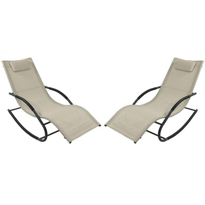 FastFurnishings Set of 2 Beige Rocking Chaise Lounger Patio Lounge Chair with Pillow
