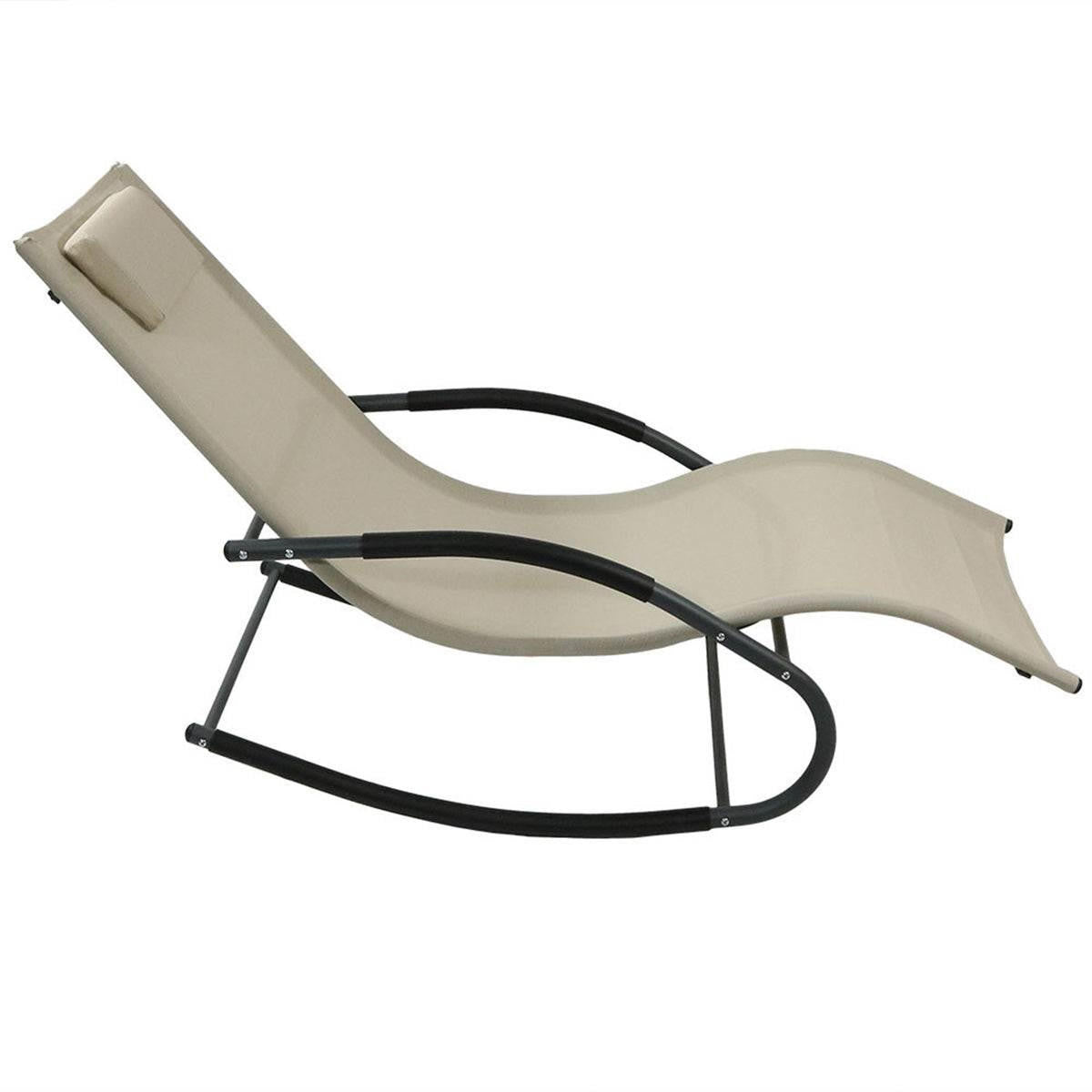FastFurnishings Set of 2 Beige Rocking Chaise Lounger Patio Lounge Chair with Pillow