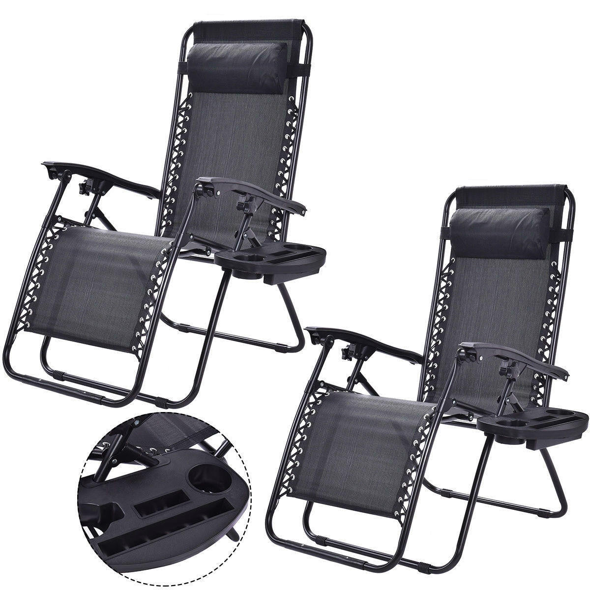 FastFurnishings Set of 2 Black Folding Outdoor Zero Gravity Lounge Chair Recliner
