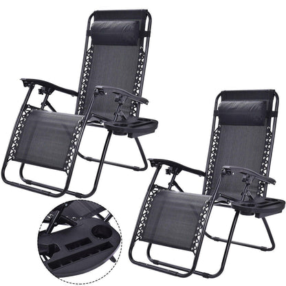 FastFurnishings Set of 2 Black Folding Outdoor Zero Gravity Lounge Chair Recliner