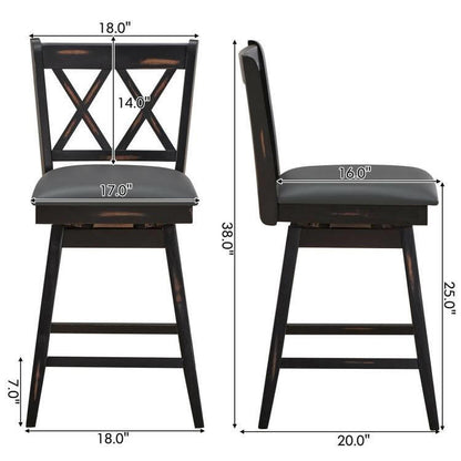 FastFurnishings Set of 2 Black Wood 24-in Counter Height Farmhouse Swivel Cushion Seat Barstools