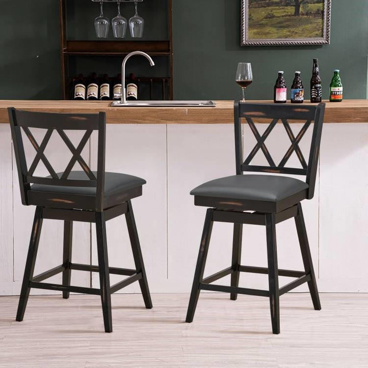 FastFurnishings Set of 2 Black Wood 24-in Counter Height Farmhouse Swivel Cushion Seat Barstools