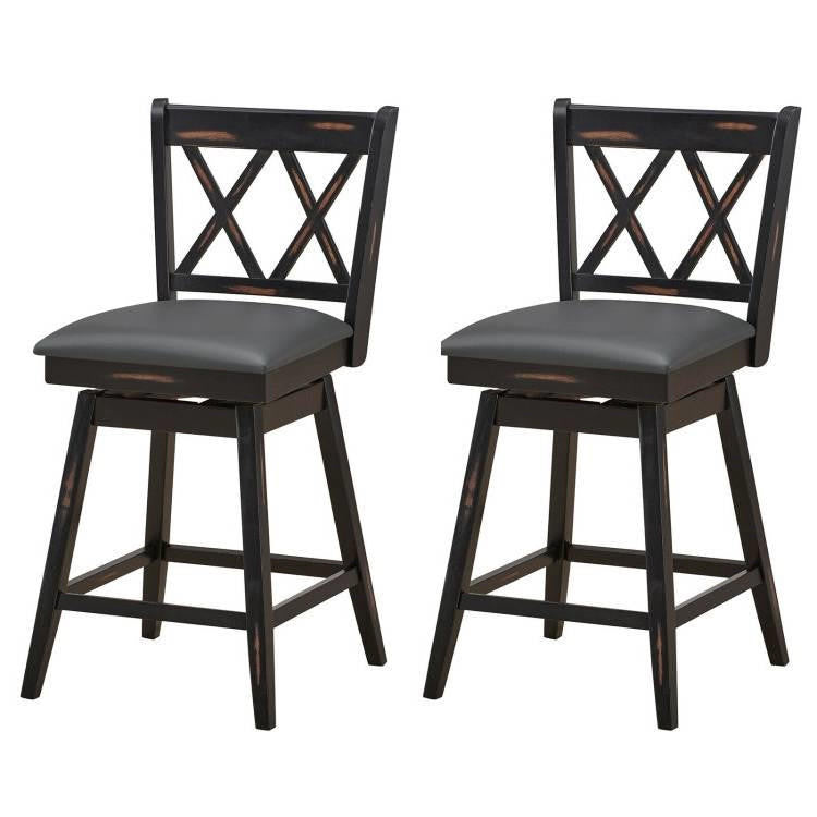 FastFurnishings Set of 2 Black Wood 24-in Counter Height Farmhouse Swivel Cushion Seat Barstools