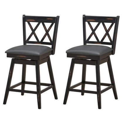 FastFurnishings Set of 2 Black Wood 24-in Counter Height Farmhouse Swivel Cushion Seat Barstools