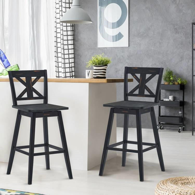 FastFurnishings Set of 2 Black Wood 29-in Modern Kitchen Dining Farmhouse Swivel Seat Barstools