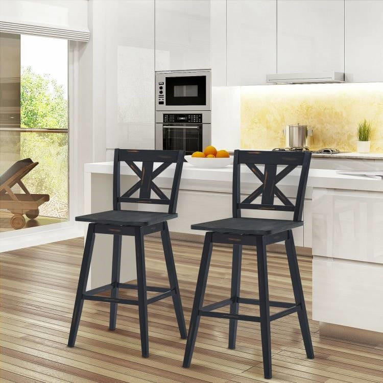 FastFurnishings Set of 2 Black Wood 29-in Modern Kitchen Dining Farmhouse Swivel Seat Barstools