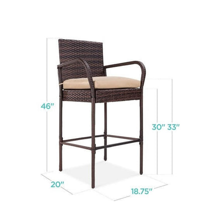 FastFurnishings Set of 2 Brown Indoor/Outdoor Wicker Bar Stools w/ 2 Tan Cushions