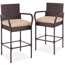 FastFurnishings Set of 2 Brown Indoor/Outdoor Wicker Bar Stools w/ 2 Tan Cushions