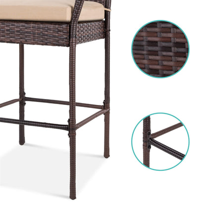 FastFurnishings Set of 2 Brown Indoor/Outdoor Wicker Bar Stools w/ 2 Tan Cushions