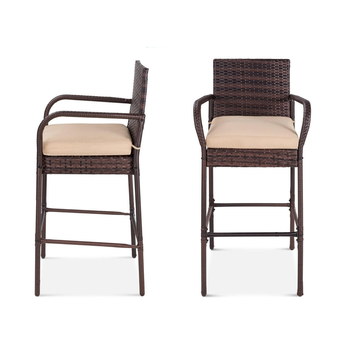 FastFurnishings Set of 2 Brown Indoor/Outdoor Wicker Bar Stools w/ 2 Tan Cushions