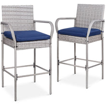 FastFurnishings Set of 2 Grey Indoor/Outdoor Wicker Bar Stools w/ 2 Blue Cushions