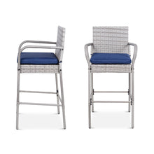 FastFurnishings Set of 2 Grey Indoor/Outdoor Wicker Bar Stools w/ 2 Blue Cushions
