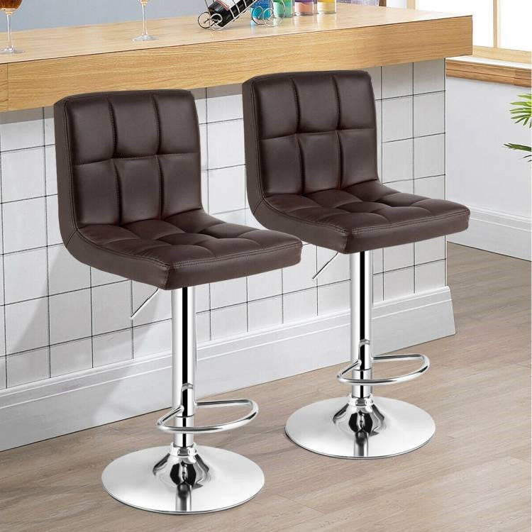 FastFurnishings Set of 2 Modern Adjustable Height Barstools with Brown PU Leather Swivel Seat