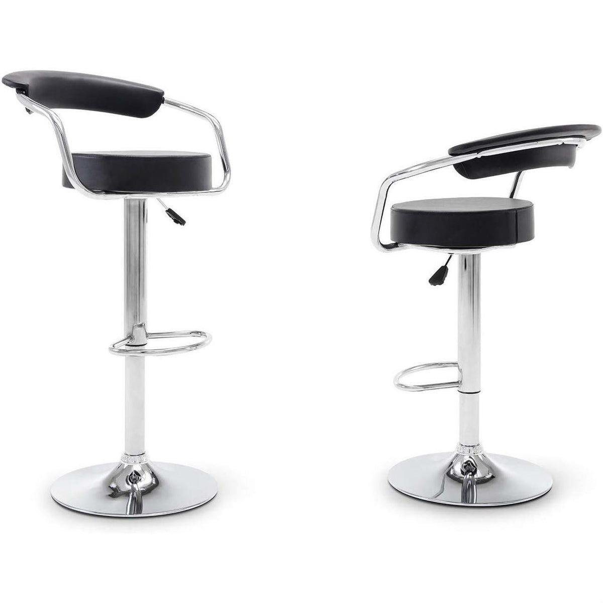 FastFurnishings Set of 2 Modern Bar Stools with Black Faux Leather Round Seat with Footrest