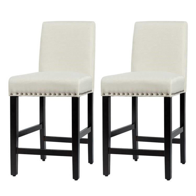 FastFurnishings Set of 2 Modern Kitchen Dining Barstools w/ Black Wood Legs and Beige Linen Seat