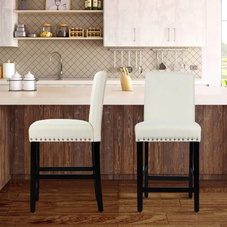 FastFurnishings Set of 2 Modern Kitchen Dining Barstools w/ Black Wood Legs and Beige Linen Seat