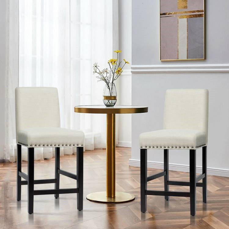 FastFurnishings Set of 2 Modern Kitchen Dining Barstools w/ Black Wood Legs and Beige Linen Seat