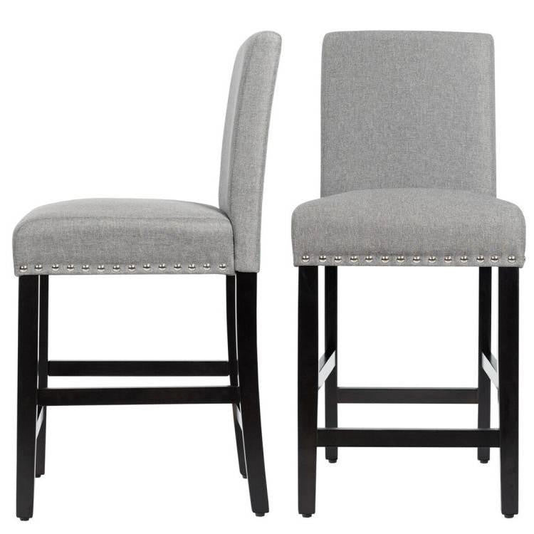 FastFurnishings Set of 2 Modern Kitchen Dining Barstools w/ Black Wood Legs and Grey Linen Seat