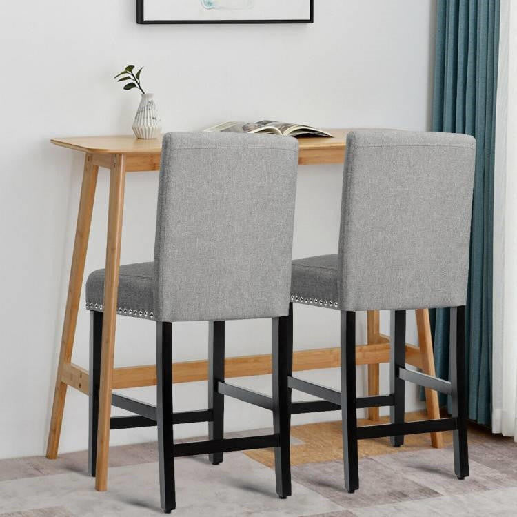 FastFurnishings Set of 2 Modern Kitchen Dining Barstools w/ Black Wood Legs and Grey Linen Seat