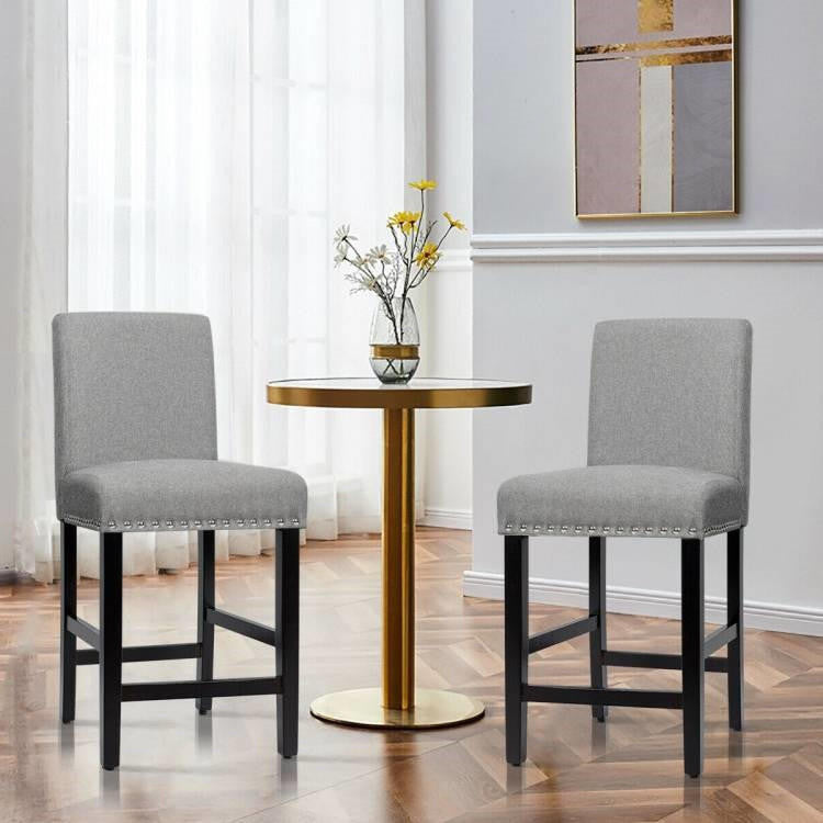 FastFurnishings Set of 2 Modern Kitchen Dining Barstools w/ Black Wood Legs and Grey Linen Seat