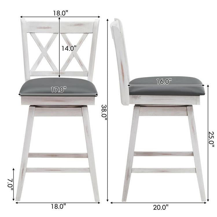 FastFurnishings Set of 2 White Wood 24-in Counter Height Farmhouse Swivel Cushion Seat Barstools