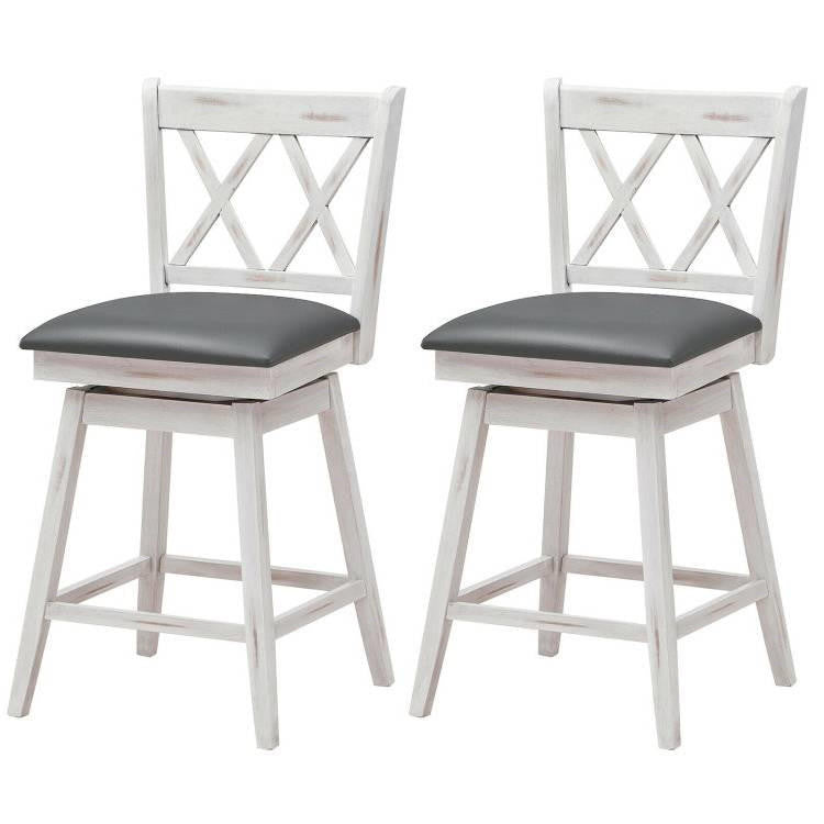 FastFurnishings Set of 2 White Wood 24-in Counter Height Farmhouse Swivel Cushion Seat Barstools