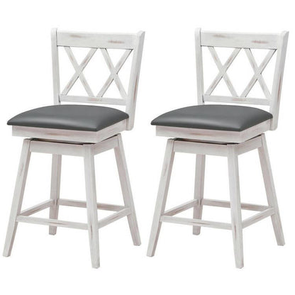 FastFurnishings Set of 2 White Wood 24-in Counter Height Farmhouse Swivel Cushion Seat Barstools