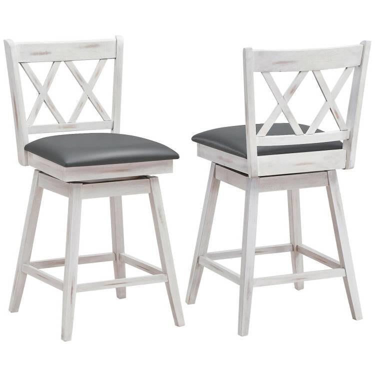 FastFurnishings Set of 2 White Wood 24-in Counter Height Farmhouse Swivel Cushion Seat Barstools