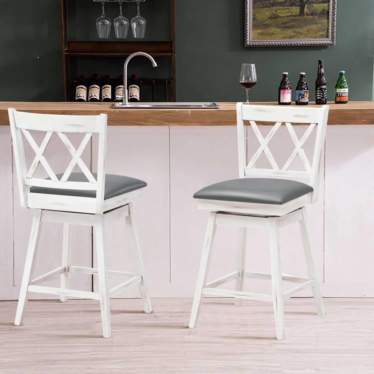 FastFurnishings Set of 2 White Wood 24-in Counter Height Farmhouse Swivel Cushion Seat Barstools
