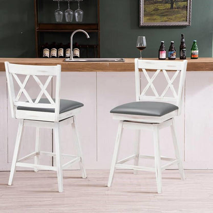 FastFurnishings Set of 2 White Wood 24-in Counter Height Farmhouse Swivel Cushion Seat Barstools
