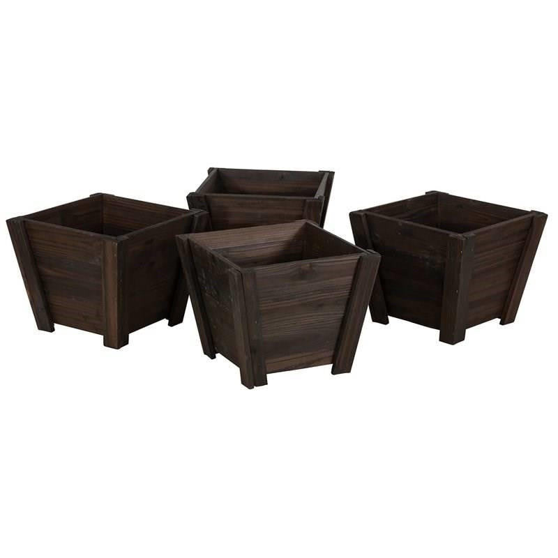 FastFurnishings Set of 4 - Small Nursery Style Wooden Garden Planters