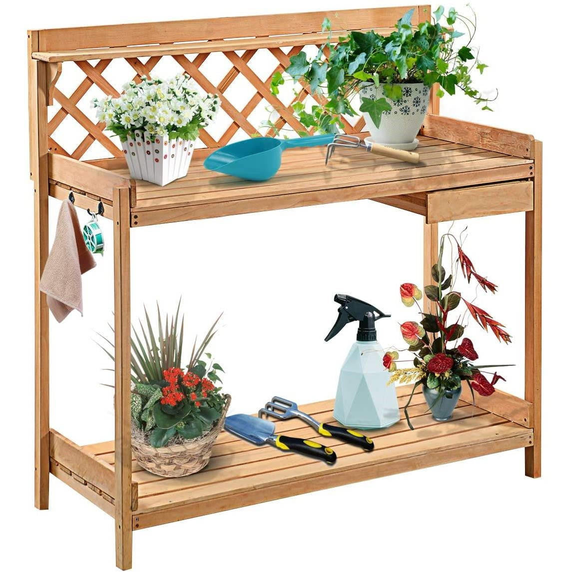 FastFurnishings Solid Wood Garden Work Table Potting Bench in Natural Finish