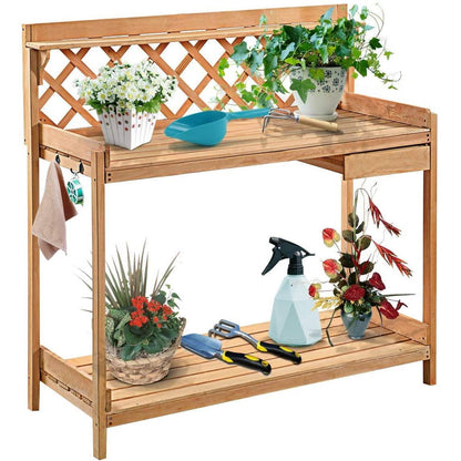 FastFurnishings Solid Wood Garden Work Table Potting Bench in Natural Finish