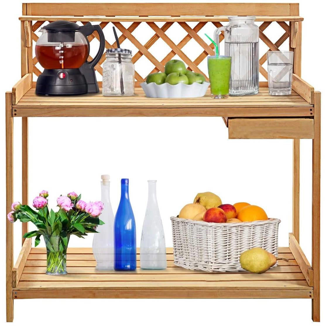 FastFurnishings Solid Wood Garden Work Table Potting Bench in Natural Finish