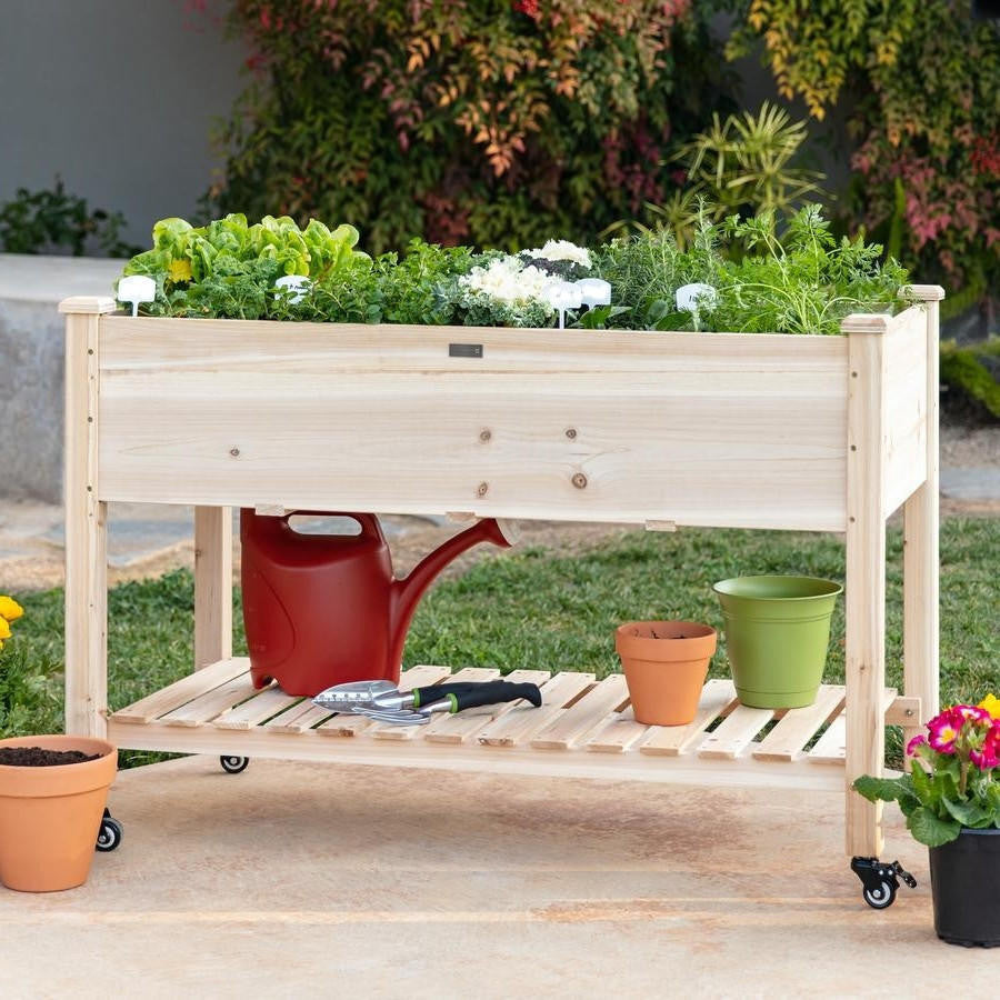 FastFurnishings Solid Wood Locking Wheels Raised Mobile Garden Wood Planter Elevated Planter