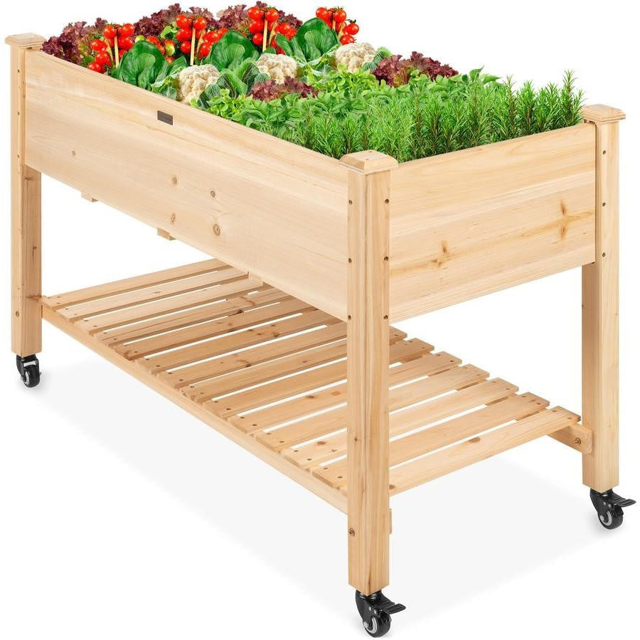 FastFurnishings Solid Wood Locking Wheels Raised Mobile Garden Wood Planter Elevated Planter
