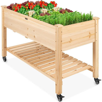 FastFurnishings Solid Wood Locking Wheels Raised Mobile Garden Wood Planter Elevated Planter