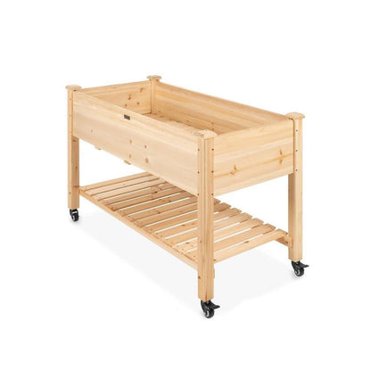 FastFurnishings Solid Wood Locking Wheels Raised Mobile Garden Wood Planter Elevated Planter