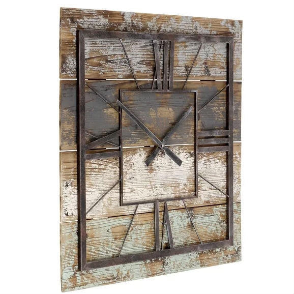 FastFurnishings Square 27.5-inch Wood and Metal Wall Clock Industrial Style