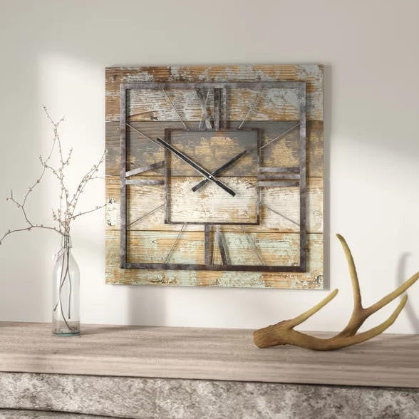 FastFurnishings Square 27.5-inch Wood and Metal Wall Clock Industrial Style