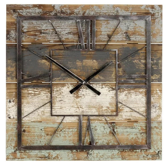 FastFurnishings Square 27.5-inch Wood and Metal Wall Clock Industrial Style