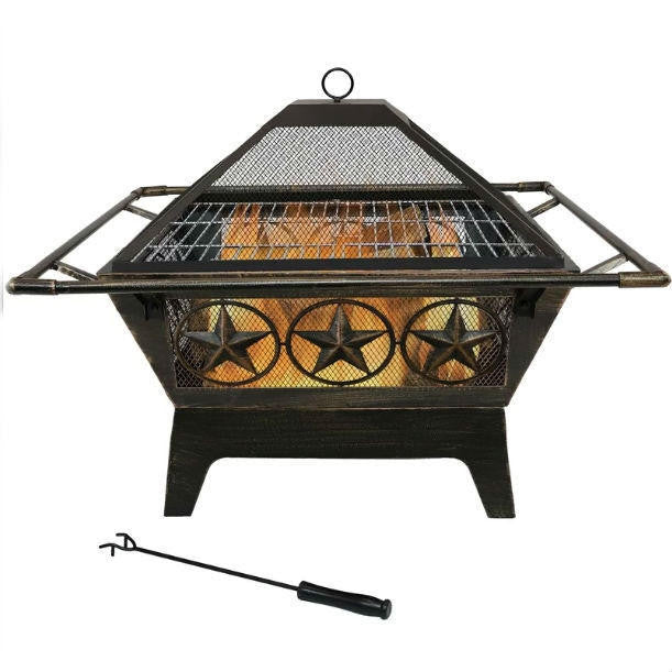 FastFurnishings Square Outdoor Steel Wood Burning Fire Pit with Star Design