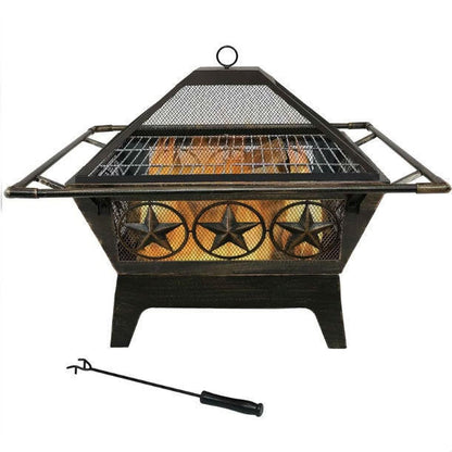FastFurnishings Square Outdoor Steel Wood Burning Fire Pit with Star Design